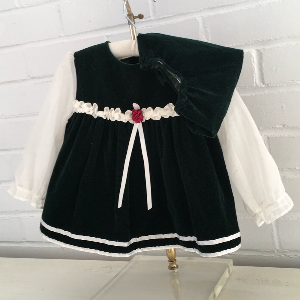 Classic Vintage Baby Girls Emerald Green Velvet Dress With Panties Size 18M